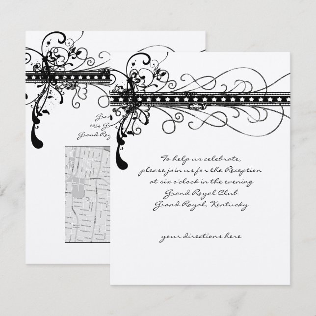 Black Funky Elegant Swirls Invitación a la boda (Anverso / Reverso)
