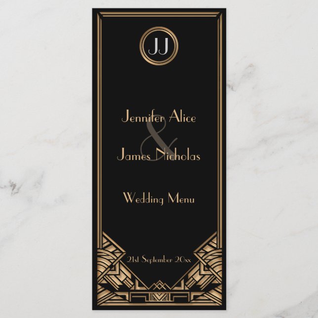 Black Gold Art Deco Gatsby Style Boda Menú (Anverso)