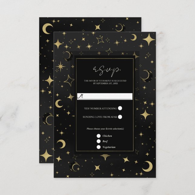 Black & Gold Celestial Moon Stars Wedding RSVP (Anverso / Reverso)