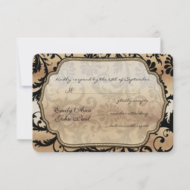 Black & Gold Damask Swirls Wedding RSVP (Anverso)