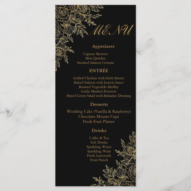 Black Gold Floral Glam Wedding Reception Menu Card (Anverso)