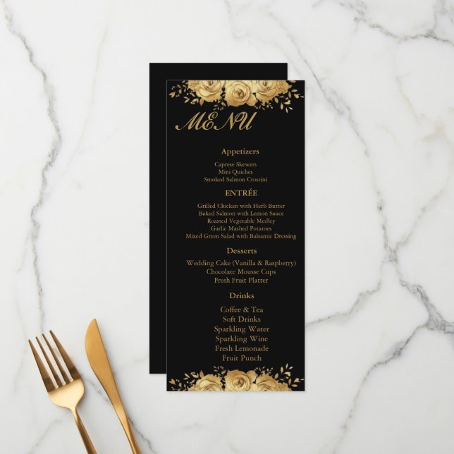 Black Gold Floral Rose Glam Wedding Reception Menu (Anverso/Reverso In Situ)