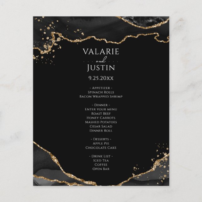 Black Gold Glitter Agate Budget Wedding Menu Flyer (Frente)