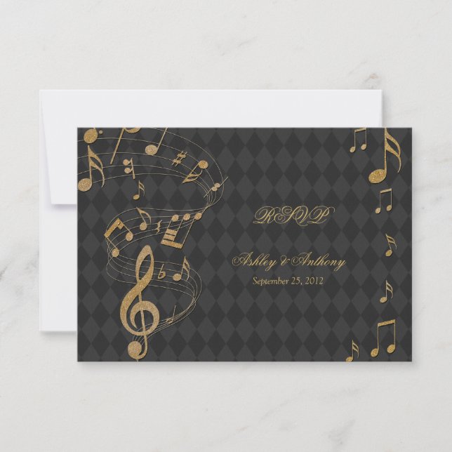 Black Gold Harlequin Music Notes Boda tarjeta RSVP (Anverso)
