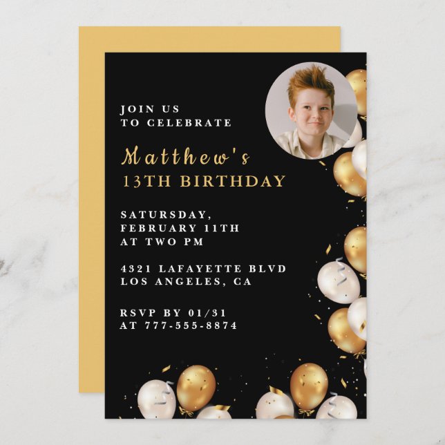 Black Gold invitación a los 13 años Balloon Photo (Anverso / Reverso)