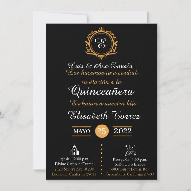 Black gold invitations for quinceañera elegante  (Anverso)