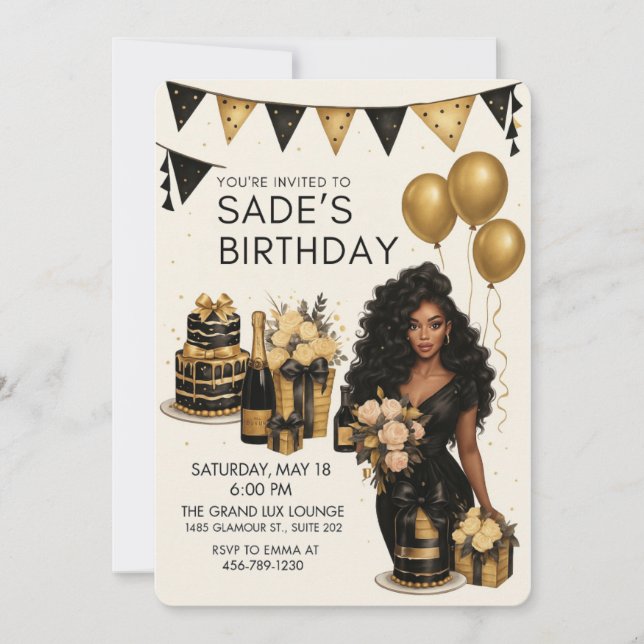 Black & Gold Luxury Birthday Party Invitation  (Anverso)