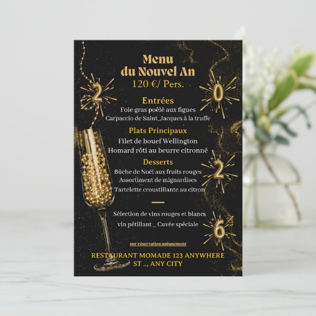 Black & Gold Luxury Sparkle Dinner Menu Template (Anverso de pie)