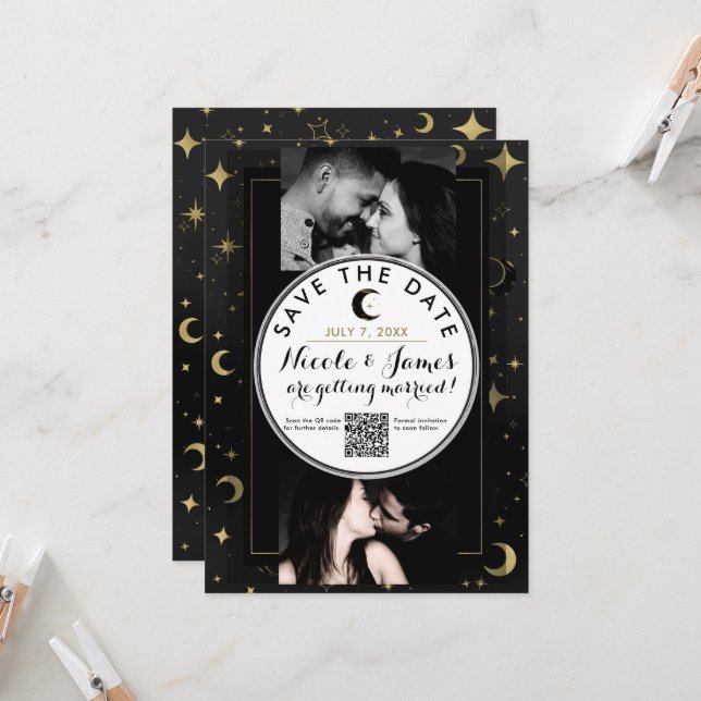 Black & Gold Modern Celestial Moon Save the Date (Anverso/Reverso In Situ)