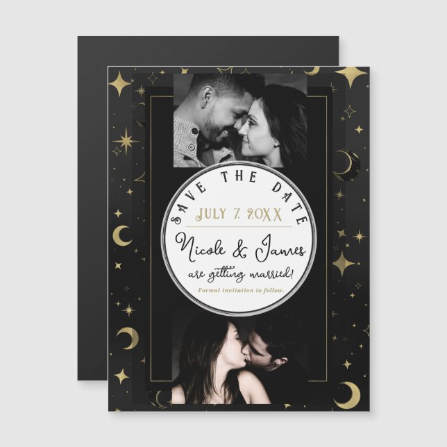 Black & Gold Modern Celestial Moon Save the Date (Anverso/Reverso)