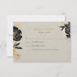 Black & Gold Peony Wedding RSVP Card
