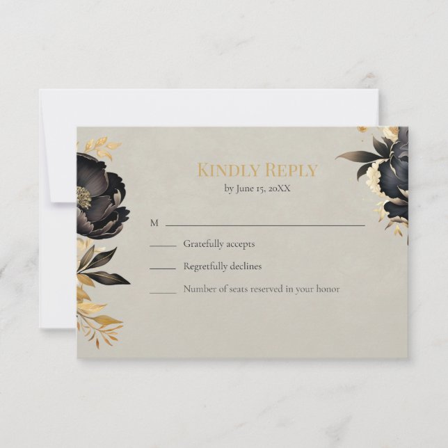 Black & Gold Peony Wedding RSVP Card (Anverso)