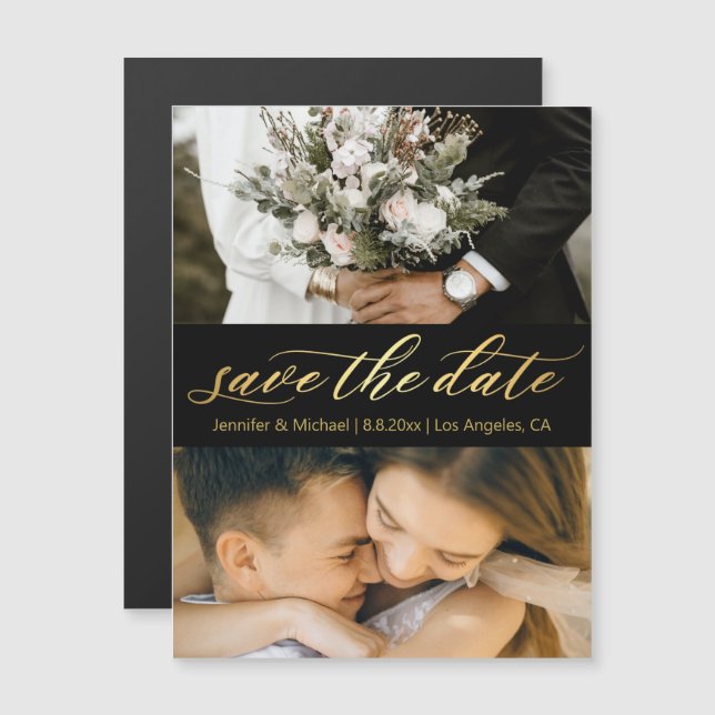 black gold script 2 photos save the date magnet (Anverso/Reverso)