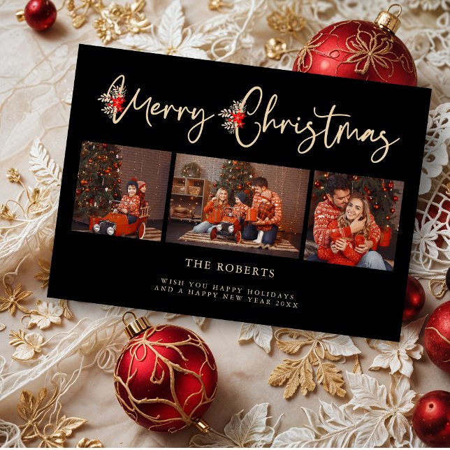 Black Golden Effect Merry Christmas Poinsettias (Black Golden Effect Merry Christmas Poinsettias Branches 3 Photos Collage Holidays Cards.)