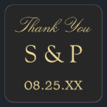 Black Golden Wedge Favor Gracias Pegatina<br><div class="desc">Pegatina de Gracias de la Boda Dorada Negra de Beige Dorado, por favor, personaliza con las iniciales de la pareja y la fecha del boda, usando la plantilla de personalización en línea antes de hacer el pedido. El pegatina presenta un texto elegante en un tono dorado de beige (falso dorado...</div>