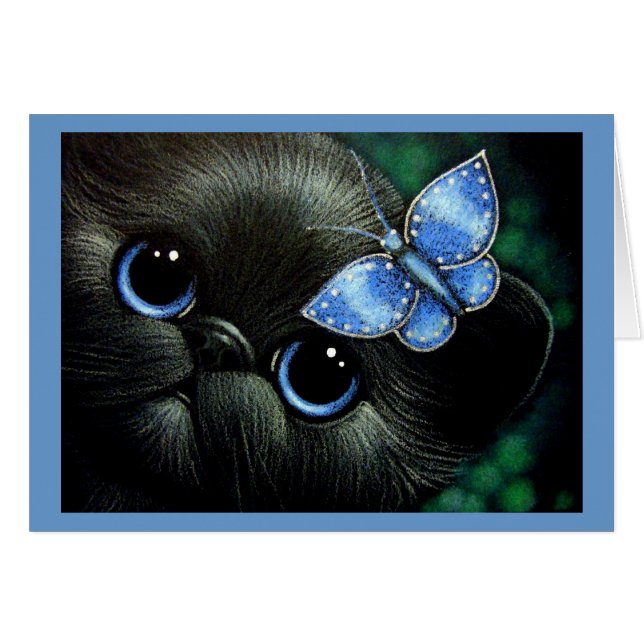 BLACK KITTEN CAT WITH BLUE BUTTERFLY  CARD (Anverso (Horizontal))