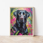 Black Lab Retrato Arte Moderno<br><div class="desc">Un llamativo retrato de arte moderno de un laboratorio negro sobre un fondo abstracto de jardín floral rosa y verde. La silueta oscura del perro contrasta maravillosamente con los colores vibrantes y giratorios del jardín, mezclando naturaleza y animal en un estilo expresivo y contemporáneo. Las pinceladas abstractas crean una sensación...</div>