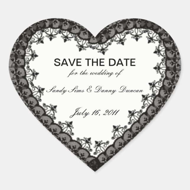 Black Lace Heart Save the Date Pegatinas (Anverso)
