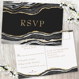 Black Marble Agate Gold Wedding Purpurina RSVP