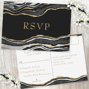 Black Marble Agate Gold Wedding Purpurina RSVP