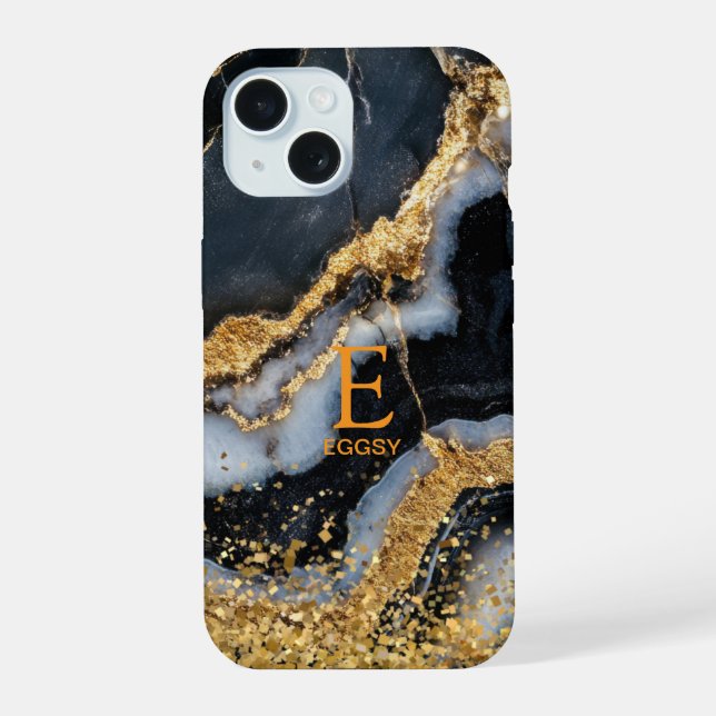 Black marble chic gold glitter monogram (Reverso )