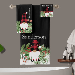 Black Merry Christmas Red Buffalo Plaid Gnome