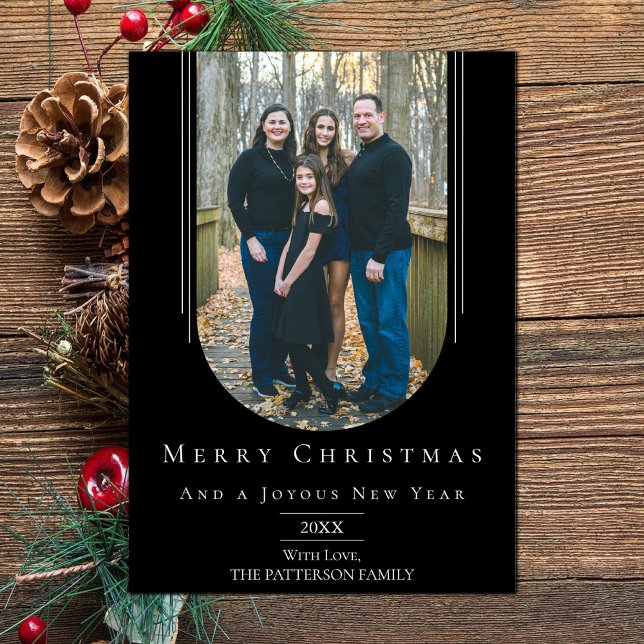 Black Modern Invertido Boho Arch Tarjeta fotográfi (Black Modern Inverted Arch Holiday Photo Card)