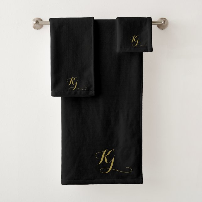 Black Modern Monogram Gold Script Initials (In situ)
