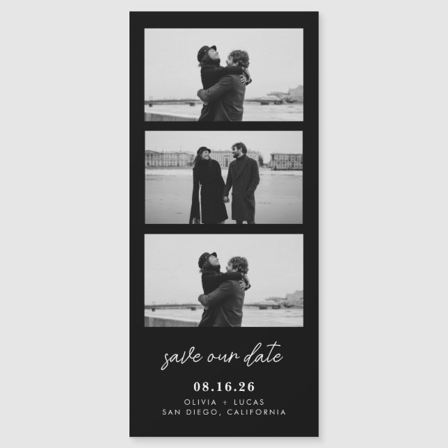 Black Photo Strip Magnetic Wedding Save The Date (Anverso)