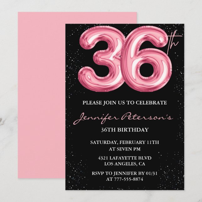Black Pink 36 invitaciones de cumpleaños Globo Gla (Anverso / Reverso)