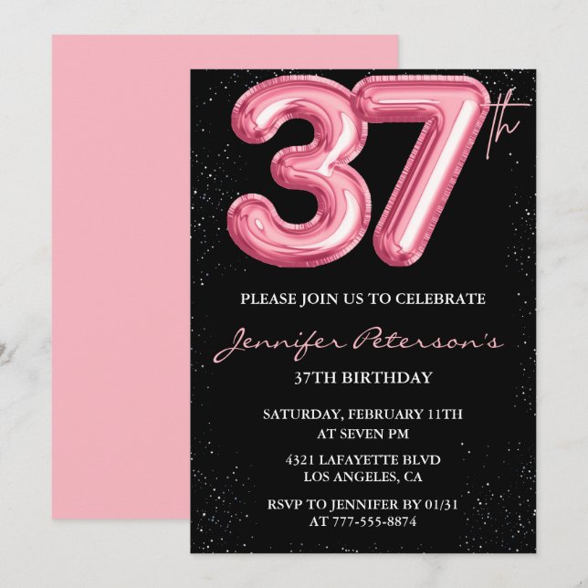 Black Pink 37 invitaciones de cumpleaños Globo Gla (Anverso / Reverso)