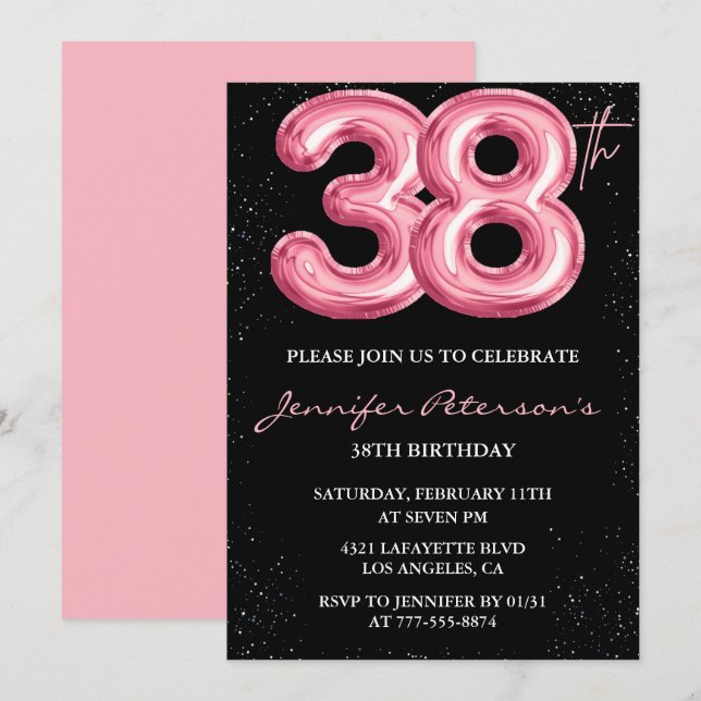 Black Pink 38 invitaciones de cumpleaños Globo Gla (Anverso / Reverso)