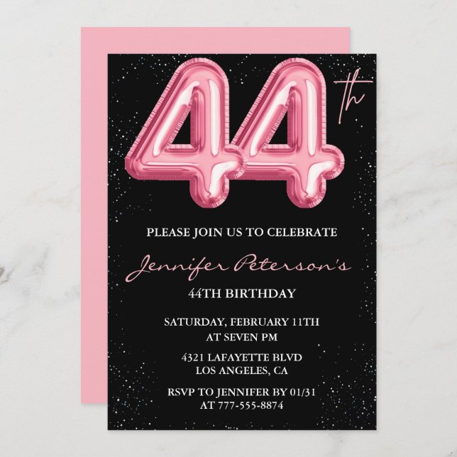 Black Pink 44 invitaciones de cumpleaños Globo Gla (Anverso / Reverso)