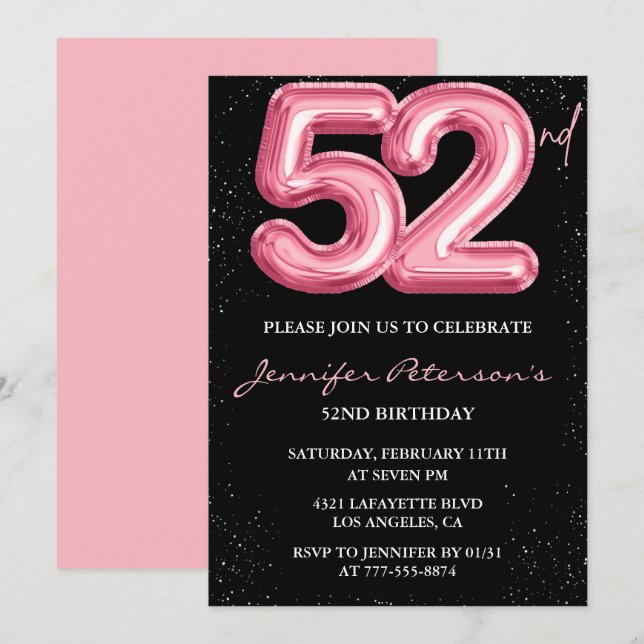 Black Pink 52 invitaciones de cumpleaños Globo Gla (Anverso / Reverso)