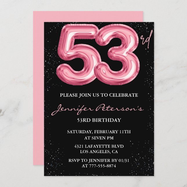 Black Pink 53 invitaciones de cumpleaños Globo Gla (Anverso / Reverso)