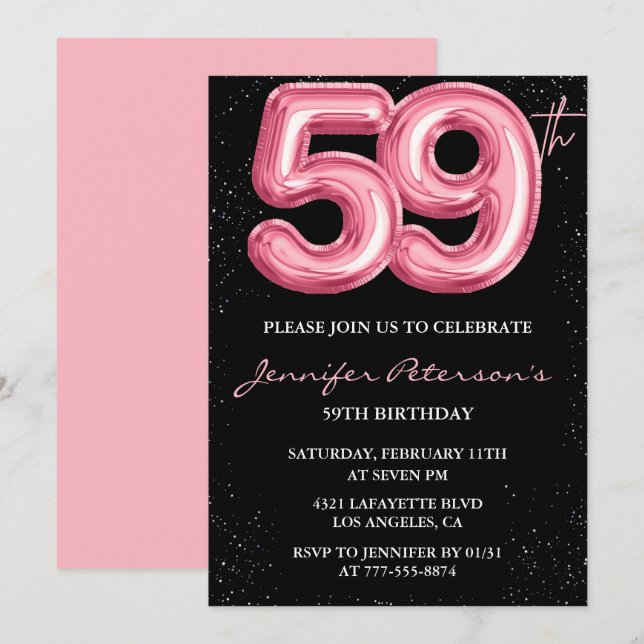 Black Pink 59 invitaciones de cumpleaños Globo Gla (Anverso / Reverso)