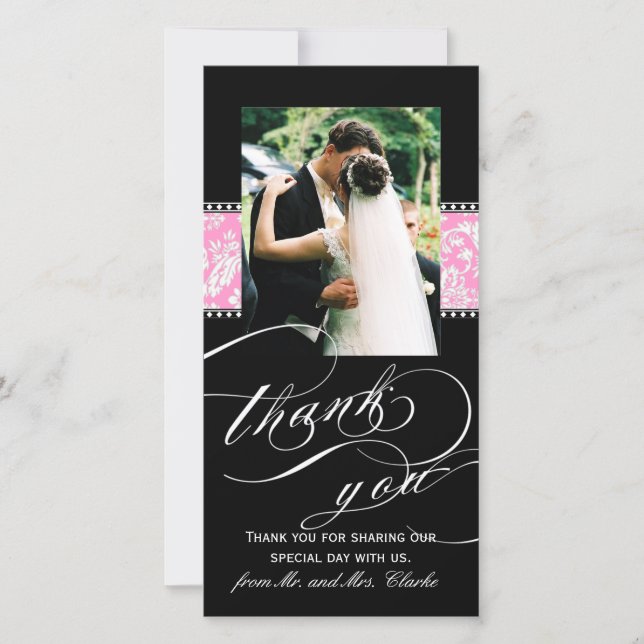Black Pink Damask Wedding Gracias tarjeta de fotos (Anverso)