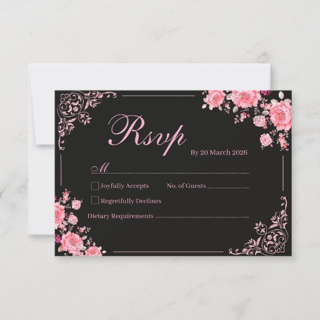 Black & Pink Floral Wedding RSVP Card (Anverso)