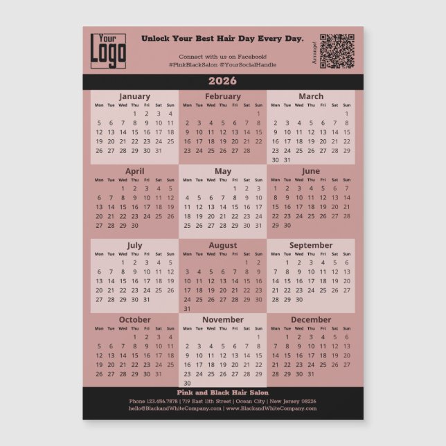 Black Pink Salon Logo QR-code 2026 Calendar Magnet (Anverso)