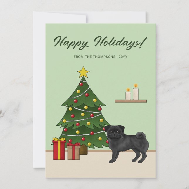 Black Pug Cute Cartog Dog Con Un Árbol De Navidad (Anverso)