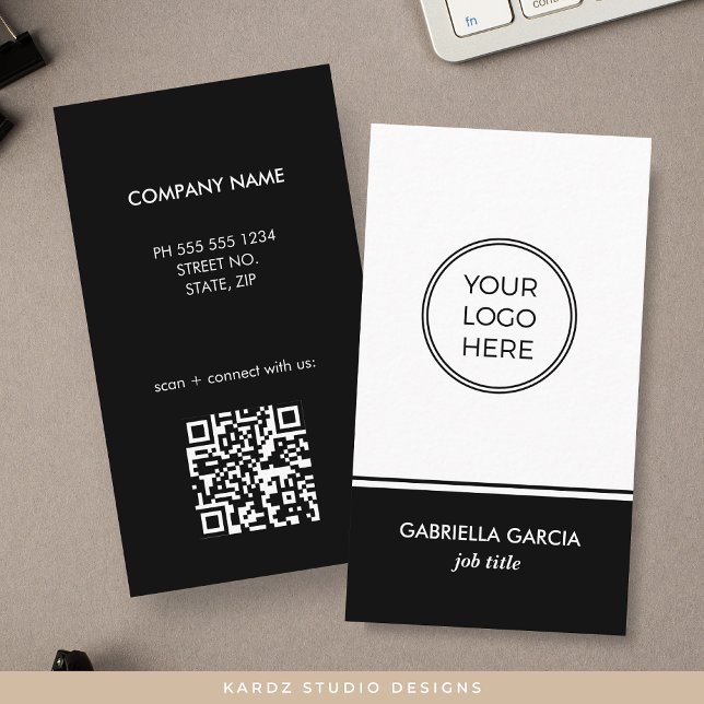 Black QR Code Simple Logo Tarjeta de presentación (Image shows the front and back of the card, with square corners, size 3.5 x 2 inches. )