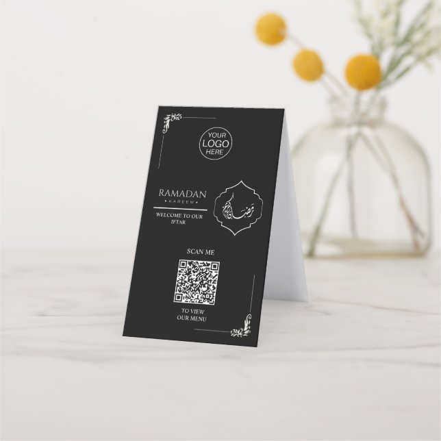 Black Ramadan QR Code Table Tent | Iftar Menu Sign (Anverso)