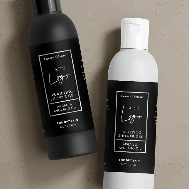 Black Silver 8 OZ Etiqueta impermeable de botella  (Black and silver logo skincare product labels with ingredients and faux chrome effectcts)
