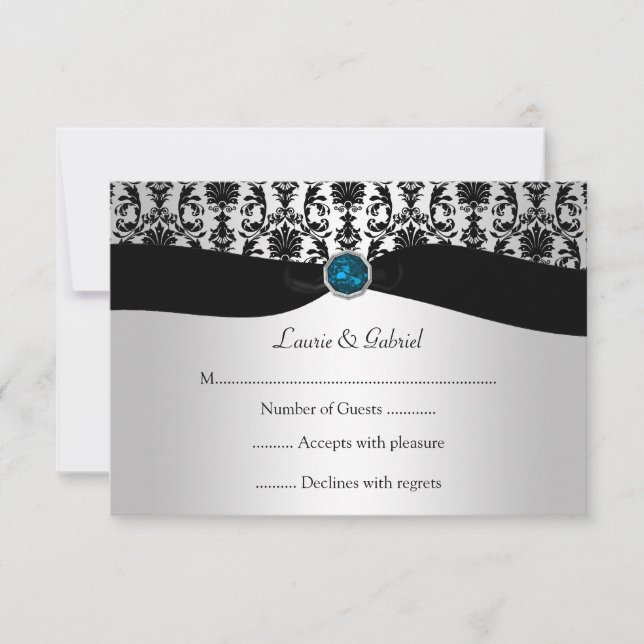 Black Silver Damask Blue Topaz Jewel RSVP Invitati (Anverso)