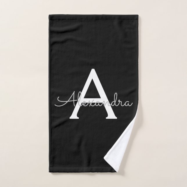 Black Silver Modern Script Girly Monograma Nombre (Toalla de mano)