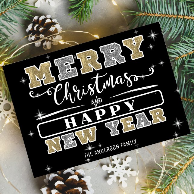 Black Silver y Gold Feliz Navidad Año Nuevo (Black Silver & Gold Merry Christmas Happy New Year Holiday Card)