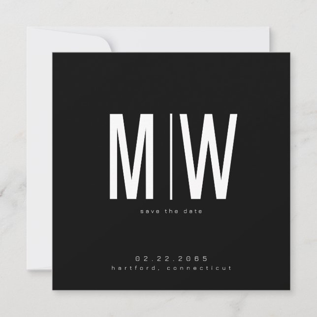 Black Sleek Square Monograma Wedding Save the Date (Anverso)