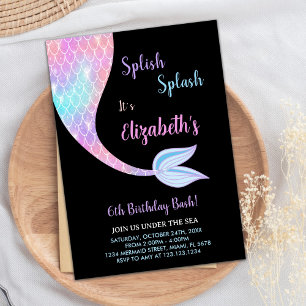 Black Splash Splish Sirmaid Invitaciones de cumple