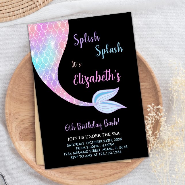 Black Splash Splish Sirmaid Invitaciones de cumple (Black Splash Splish Mermaid Birthday Invitations)