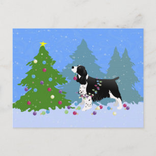 Black Springer Spaniel decorando árbol de Navidad